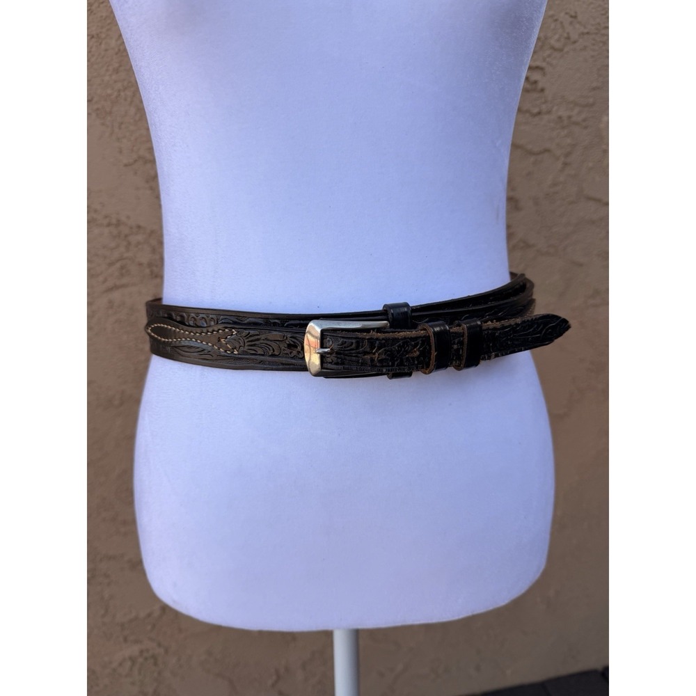 Men's Black Leather Cowboy Belt With White Stitching Good Condition
